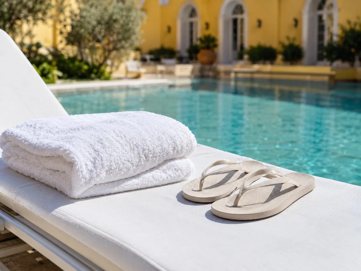 Un asciugamano spesso e un paio di ciabatte su un lettino accanto alla piscina esterna