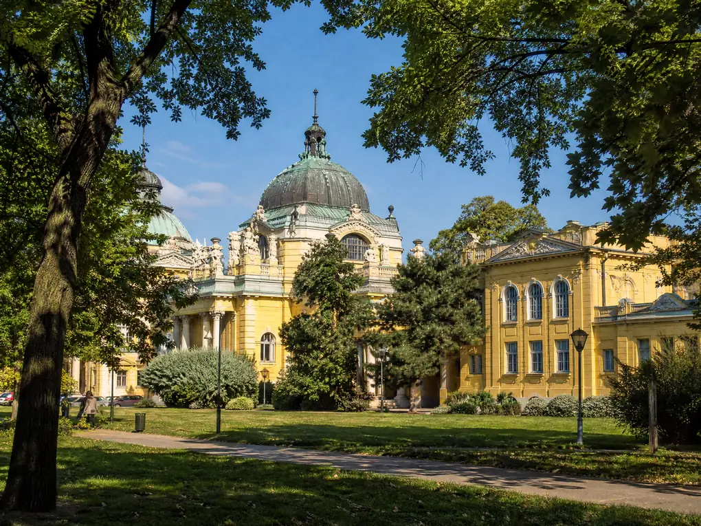The copper-green dome and yellow facade of the bath seen from City Park