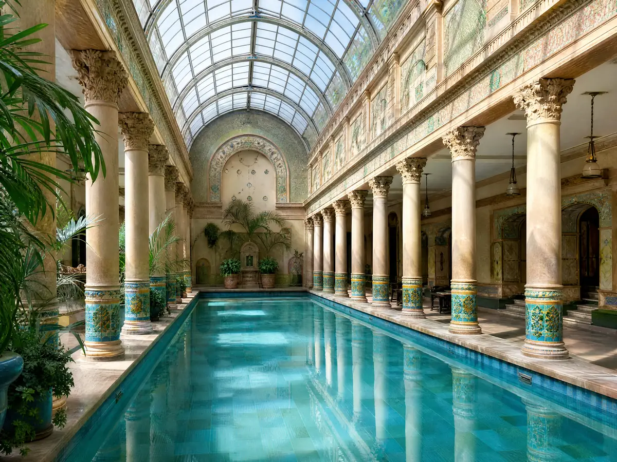 An ornate art nouveau pool hall with mosaics and columns, empty