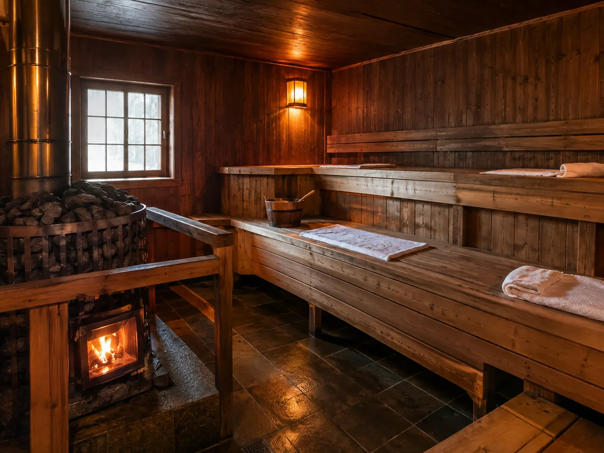 Interior vacío de una sauna de madera