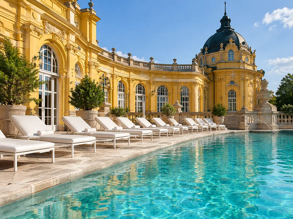 Lettini prendisole allineati lungo il bordo della piscina esterna