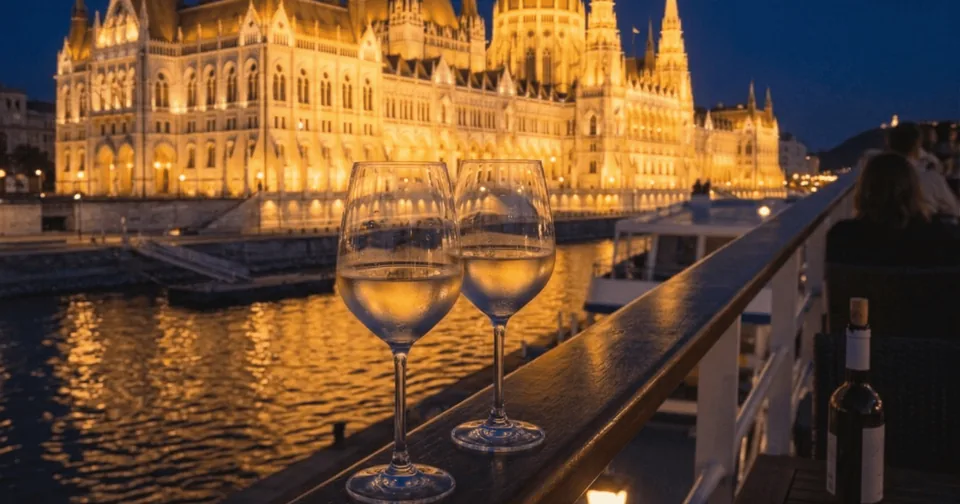 Il Parlamento ungherese illuminato di notte oltre il Danubio, due bicchieri di vino su un parapetto in primo piano