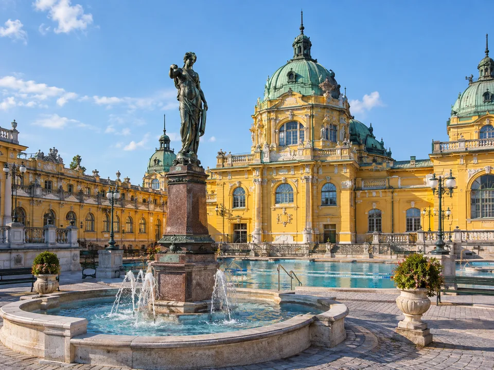 Una statua in bronzo e una fontana nel cortile accanto alle piscine esterne